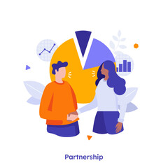 Vector illustration with man and woman shaking hand. Business partnership. Building cooperation between company and client. Investment and finance concept.