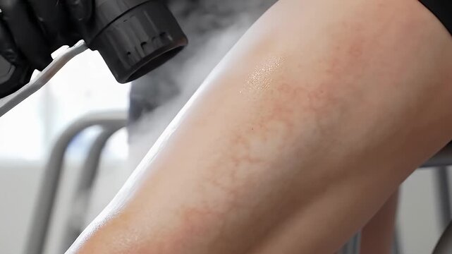 Cryo Leg Treatment with Spray Gun at Beauty Clinic for Skin Care and Anti Aging Service Featuring Liquid Nitrogen Sprays Over a Female Thighs