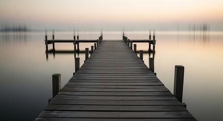 Obraz premium Long Exposure Wooden Pier Stretching Serene Lake into the Horizon at Tranquil Sunset