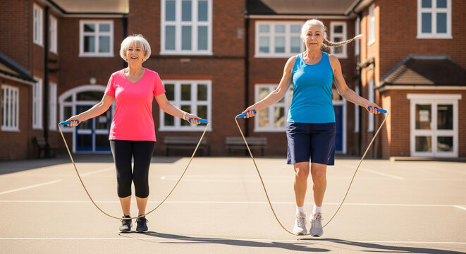 Two healthy, fit, happy elderly women jumping rope together in a sunny schoolyard, celebrating friendship and vitality. Senior friends aging well who are skipping rope and laughing, having fun 