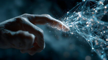 Human finger touching glowing digital network hand 1