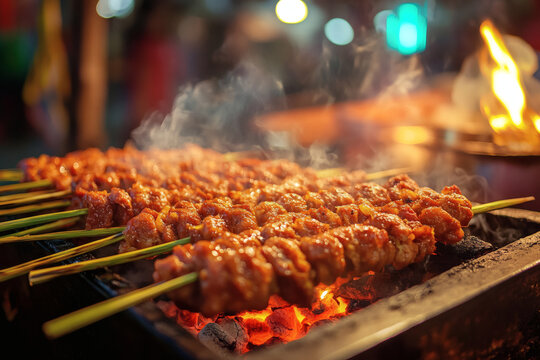 Indonesian sate lilit on lemongrass sticks at food stall