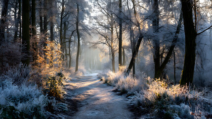 Naklejka premium Magical winter morning: sunlit path winds through a serene forest coated in sparkling hoarfrost