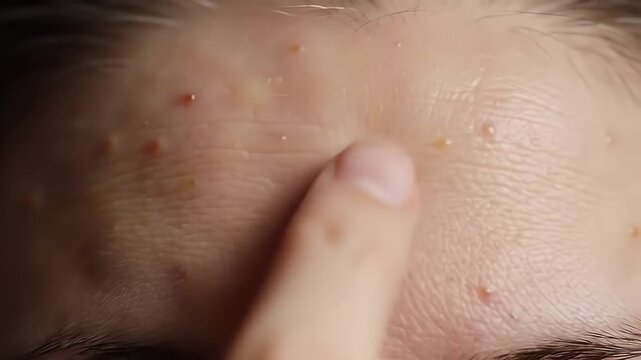 Extreme Close Up of Forehead with Pustules and Papules Pimple Acne Skin Irritation And Dermatitis