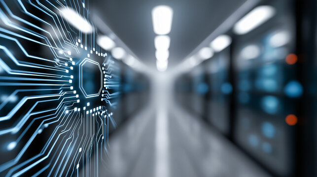 Futuristic digital circuit overlay on blurred server room interior