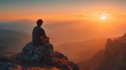Obraz premium Contemplative Journey: Man Reflecting on Happiness and Freedom at Sunset atop a Mountain