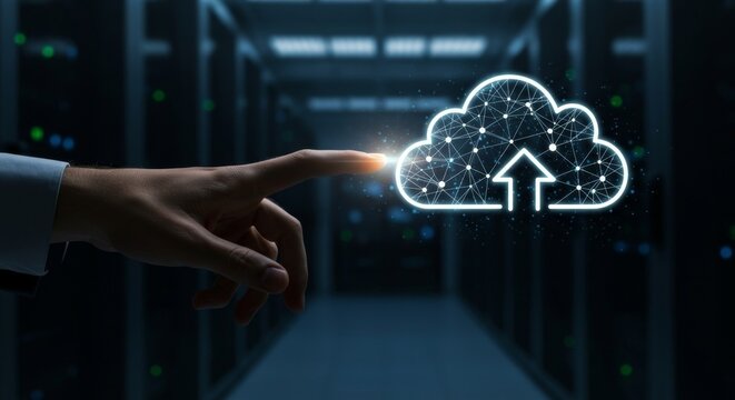 Hand Touching Cloud Icon in Server Room, Representing Cloud Computing, Data Transfer, and Technology.