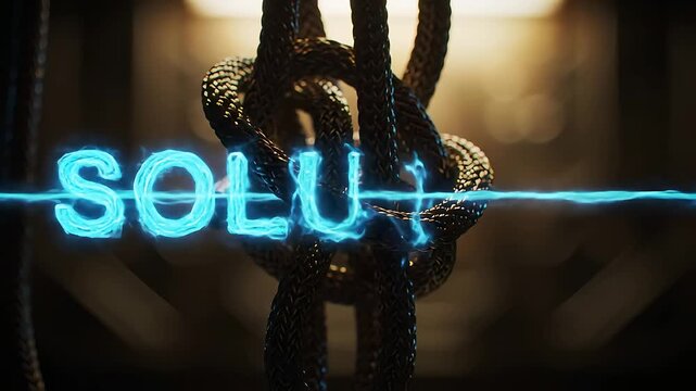 Intricate rope knot illuminated by glowing blue energy pulses, spelling "SOLUTION"&mdash; symbolizing complexity, problem-solving, and pathfinding