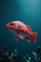 Obraz premium Vibrant red fish gliding underwater in peaceful blue ocean scene with plants