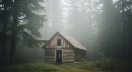Rustic Cabin Retreat in Misty Forest Landscape Photography