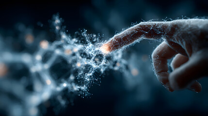 Human finger touching glowing digital network hand