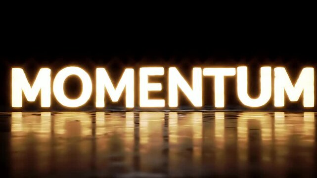 Illuminated word "Momentum" reflects on dark surface, preceded by two suns setting, symbolizing progress, forward movement, and time's passage