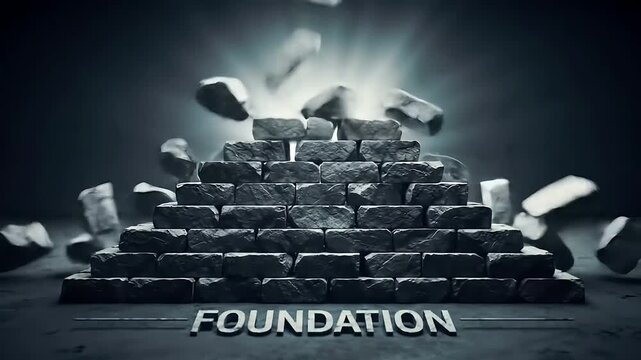 Stone blocks build pyramid structure, light emanating from top, word "foundation" below, symbolizing construction, stability, and strength