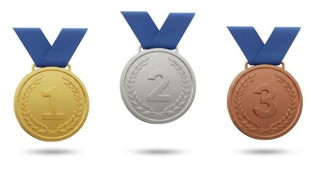 Gold, Silver, and Bronze Medals with Blue Ribbons, Awarded for First, Second, and Third Place