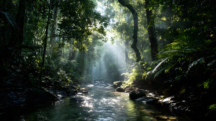 Obraz premium Breathtaking Sun Rays Illuminating a Clear Water Stream in a Lush, Verdant Tropical Rainforest