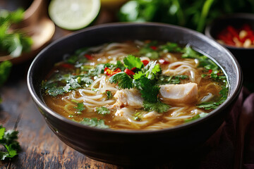 Authentic Burmese mohinga fish noodle soup in enamel bowl with banana stem