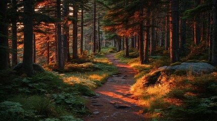 Obraz premium Forest Path at Sunset with Golden Sunlight