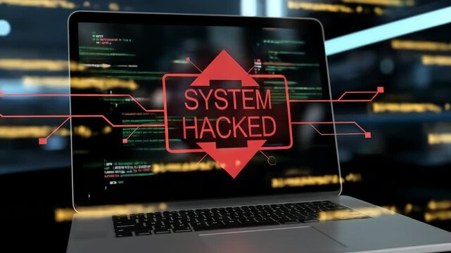 Laptop screen displays code with "System Hacked" alert, symbolizing cyberattack, digital security breach, and vulnerability