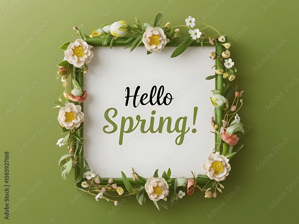 Fototapete 3d floral frame with 'hello spring' text on green background – spring festival design