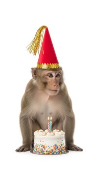 Monkey Wearing a Birthday Hat with a Birthday Cake, Party Celebration Image, White Background