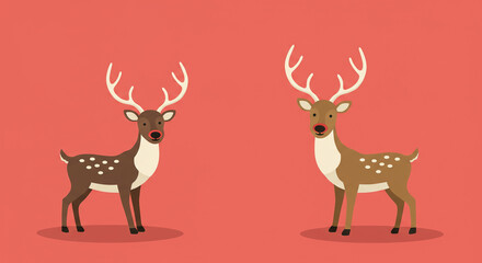 Fototapeta premium Two Festive Reindeer Illustrations on Red Background Christmas Holiday Theme.