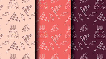 Naklejka premium Set of seamless outline patterns for birthday and party themes in red monochrome. Perfect for wrapping paper, invitations, cards, and festive packaging