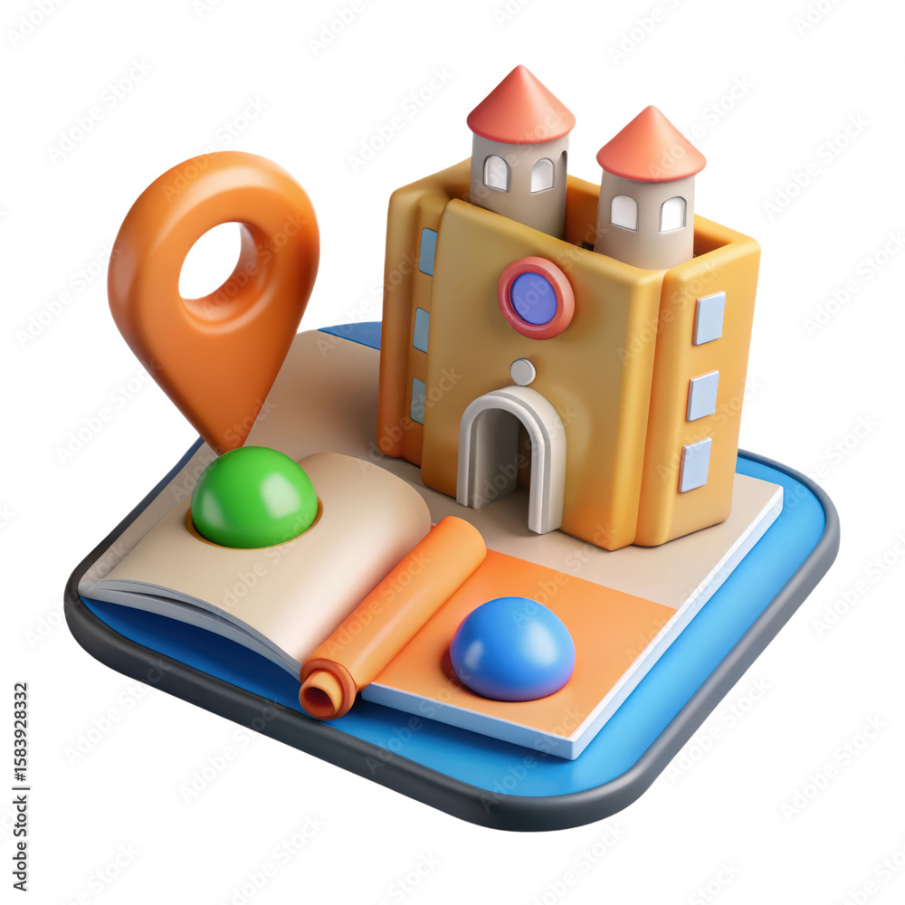 Poster 3d render of a travel concept with a map location icon building and open book on a white background 