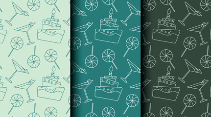 Set of seamless outline patterns for birthday and party themes in green monochrome. Perfect for wrapping paper, invitations, cards, and festive packaging