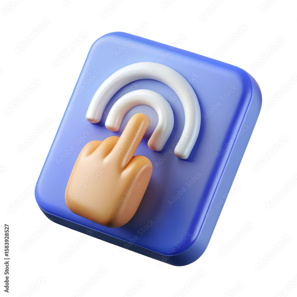 Poster 3d rendering of a finger tapping on a wi-fi signal icon in plastic-style design with high quality on