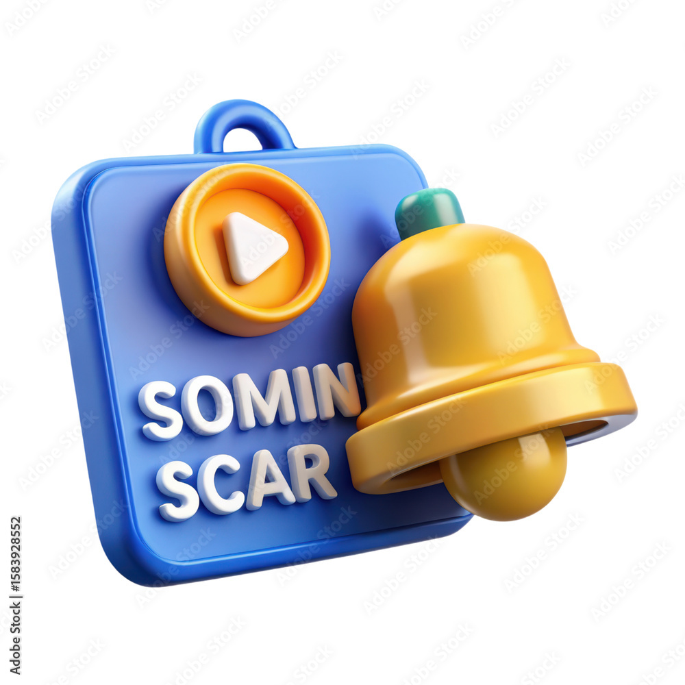 Poster 3d rendering of a notification concept featuring a play button and a yellow bell icon created in a p