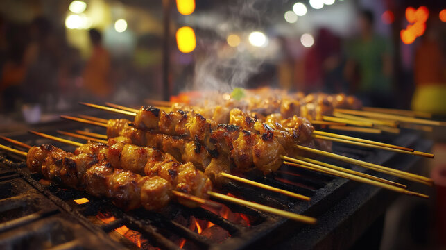 Traditional Indonesian sate lilit on lemongrass sticks at food stall