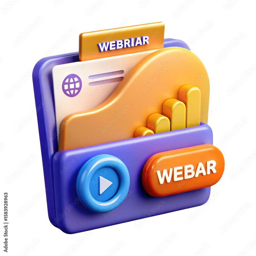 Poster a colorful 3d rendered concept icon featuring webinar branding elements including a button play symb