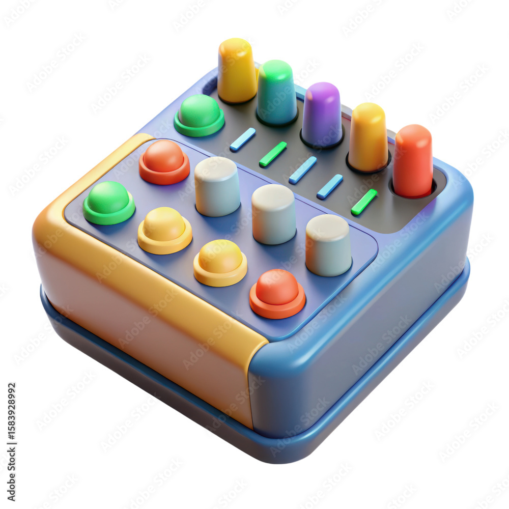 Poster a colorful 3d rendering of a plastic-style mixing console with push buttons and control knobs isolat