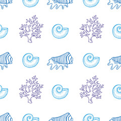Coastal cowgirl seamless pattern featuring line art of shells, corals, and nautical elements in a fresh coastal design for art and decor projects