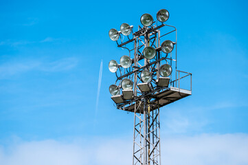 Spotlight at a soccer stadium in Aalst, East Flemish Region, Belgium