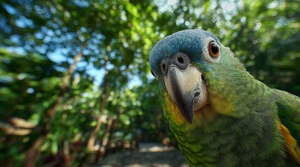 Obraz premium Closeup of a Green and Blue Parrot in Lush Tropical Foliage
