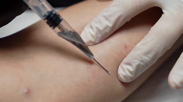 Intradermal Injection with Syringe by Gloved Hand on Woman Arm for Skin Treatment