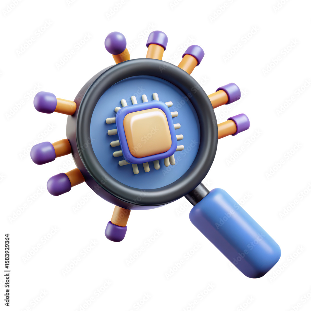 Poster a high quality 3d rendering of a magnifying glass focusing on a microchip representing data analysis