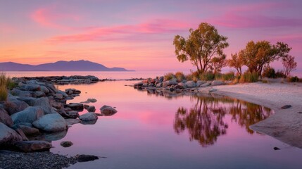 Obraz premium Pink and Purple Sunset Over Calm Lake with Tree Reflections