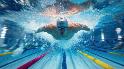 The swimmer gliding through the water in a dynamic underwater action shot.