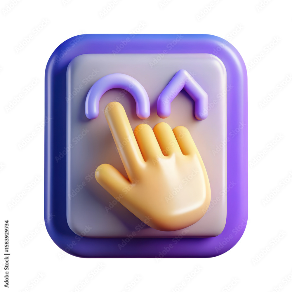 Poster a high quality 3d rendering plastic-style icon depicting a hand touching the screen with an animated