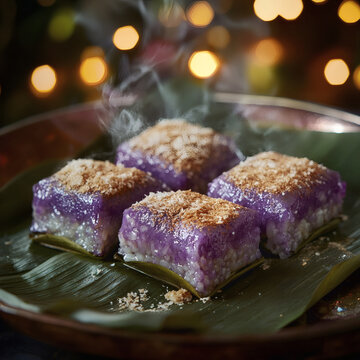 Filipino puto bumbong purple rice cakes in banana leaves