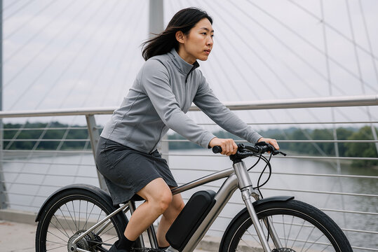 young asian woman cycling across modern suspension bridge on overcast day for healthy lifestyle and leisure