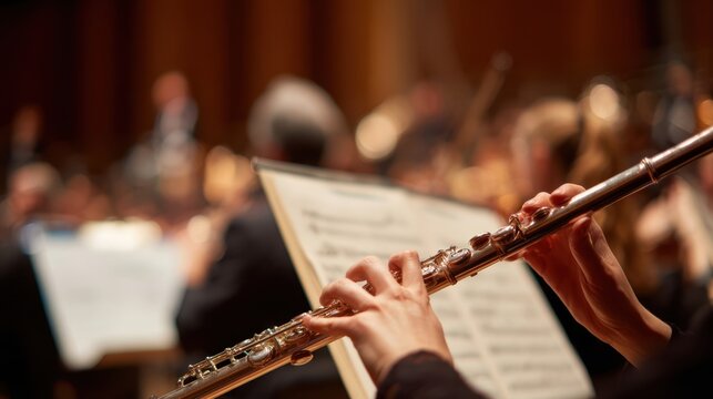 The flute player skillfully performs in a vibrant orchestral concert setting.