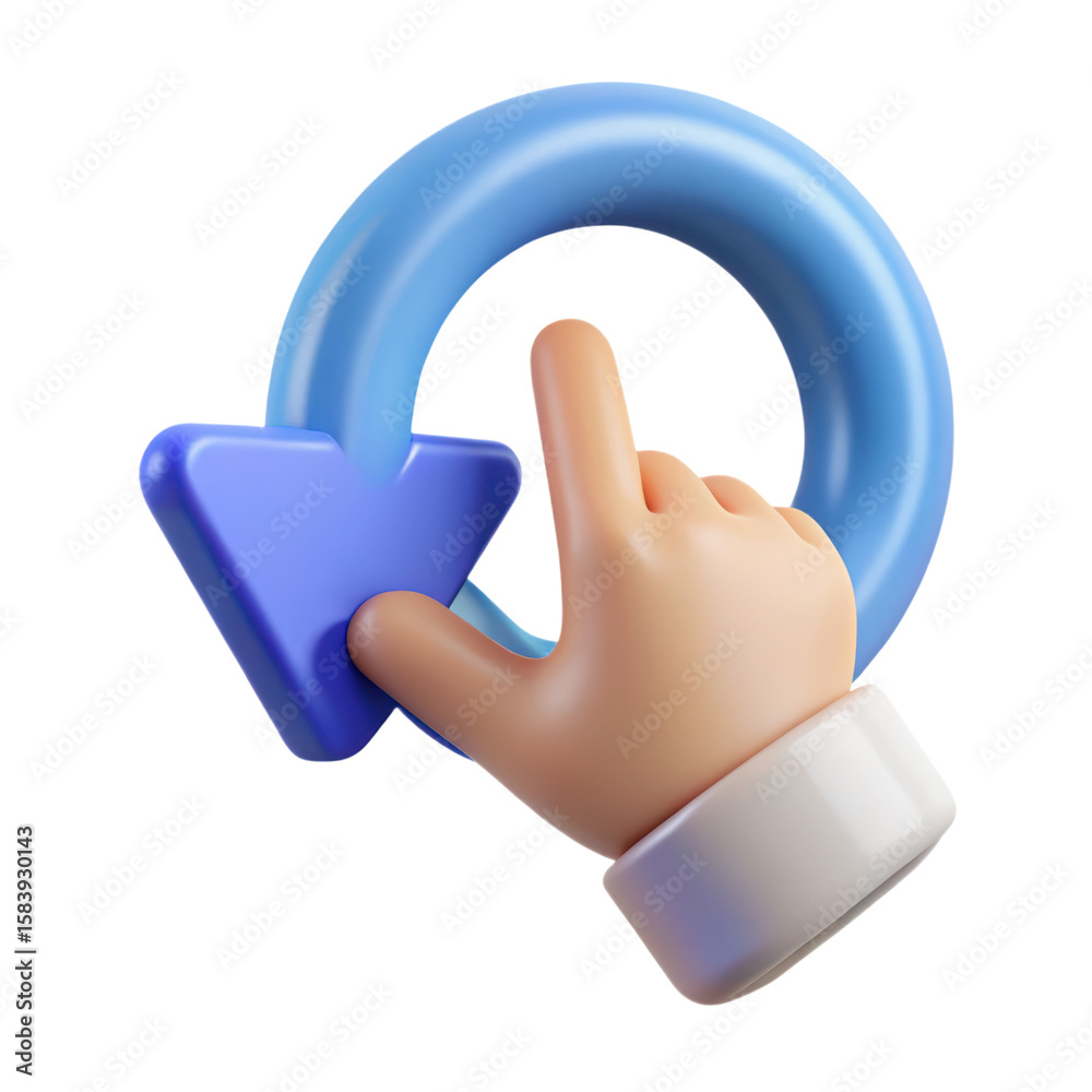 Fototapete A high quality 3d rendering plastic-style icon of a hand touching a blue arrow in a looping circle shape against a white background