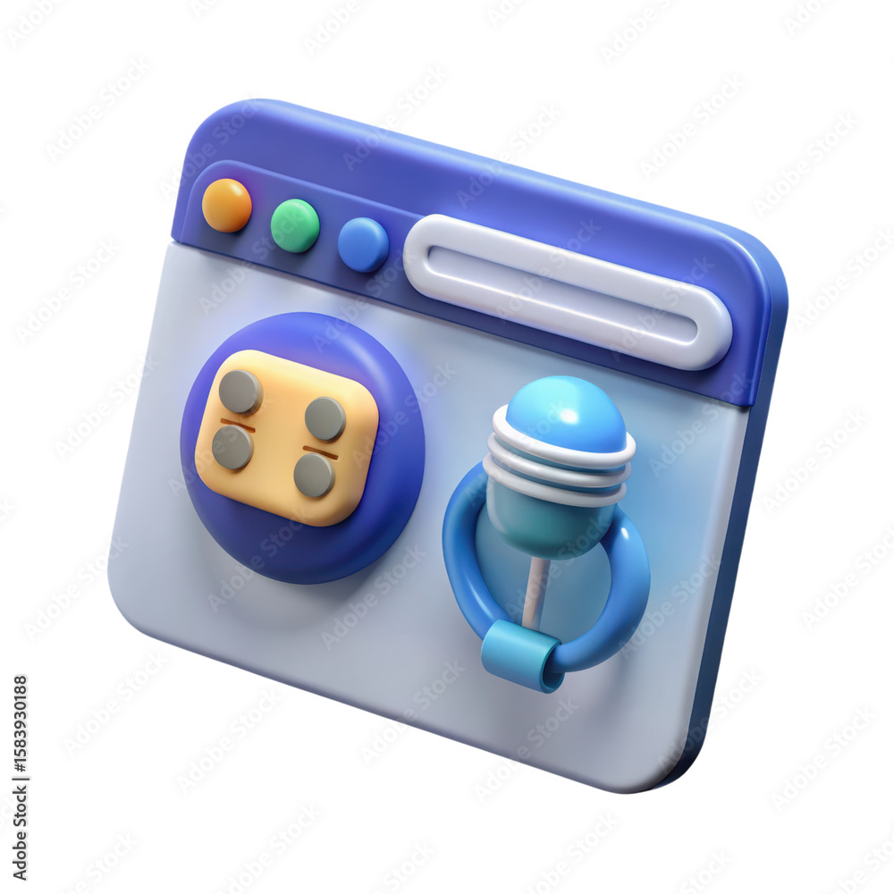 Poster a high quality 3d rendering plastic-style icon of a stylized website window with a round button and 
