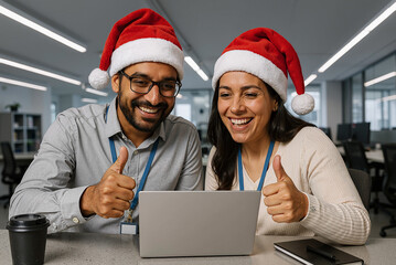 Smiling colleagues in Santa hats giving thumbs up while working on a laptop in a modern office during holiday season