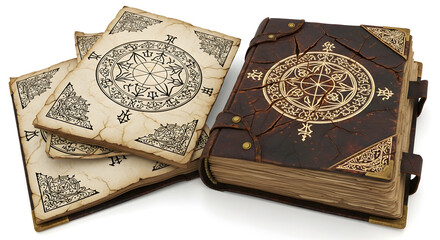 Ancient leather bound grimoire and scattered aged parchment pages adorned with mystical symbols and intricate celestial patterns discovered in a hidden library archive