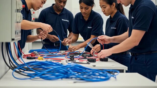 Five focused young engineers are working together, connecting and testing wires in a modern electronics laboratory, demonstrating teamwork and technical expertise