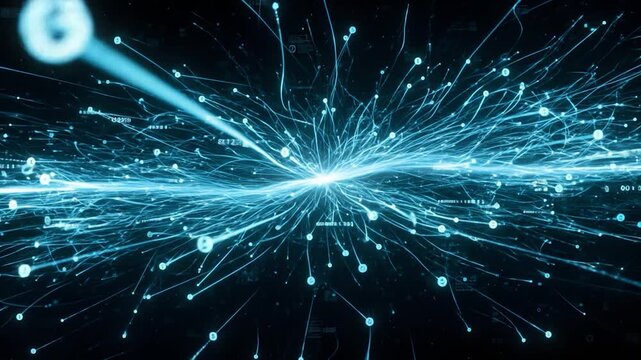Data streams flow, coding in background. Use technology, AI